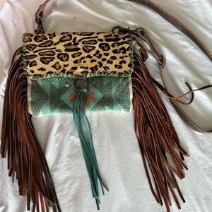 Myra Bag Leopard and Teal Crossbody with Fringe